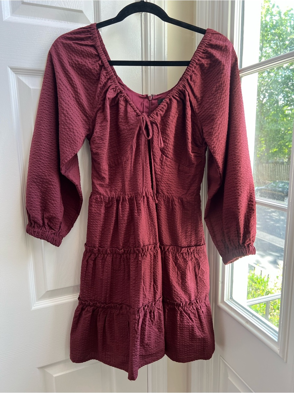 Madewell Burgundy Textured Tiered Minidress Size 00 - Puffsleeve Cottagecore